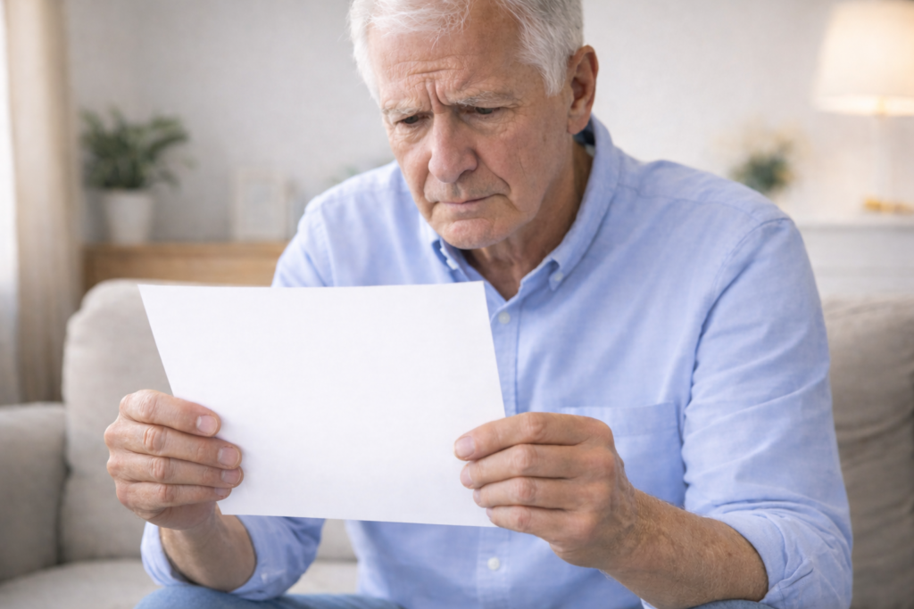 Senior reviewing high dental bill cost without insurance