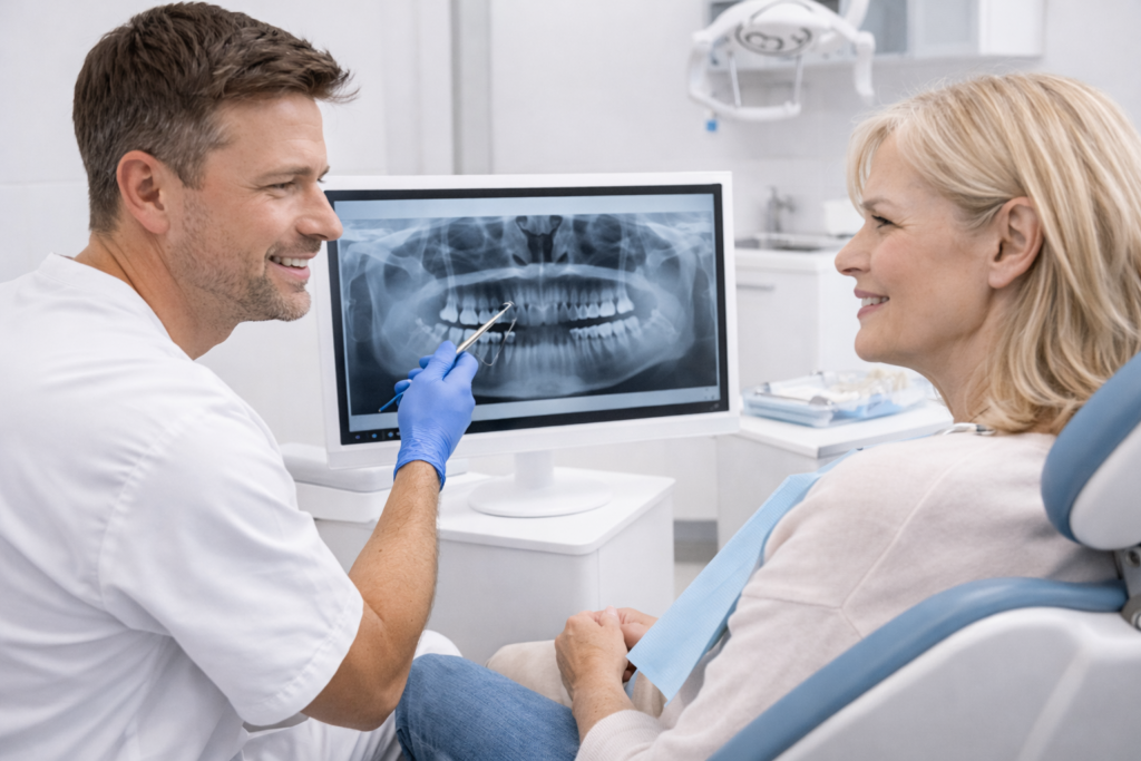 dentist explaining dental implant treatment and insurance coverage options