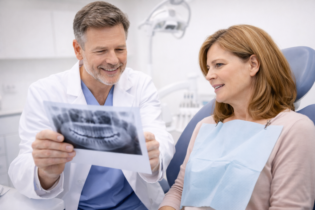 Dentist explaining emergency dental treatment options