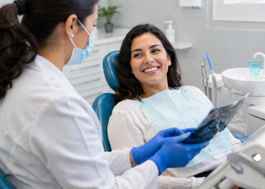 paciente feliz tratamiento dental con seguro cobertura inmediata
